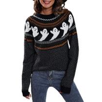 Suéter feminino vintage de bolinhas JUNBOON Halloween Ghost Suéter feminino vintage de bolinhas JUNBOON Halloween Ghost