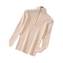Suéter Feminino Vintage De Manga Comprida Com Zíper E Meia Gola Alta Casual Chique Pulôver Top