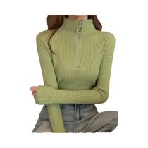Suéter Feminino Vintage De Tricô Com Zíper E Manga Longa, Gola Alta, Casual E Elegante