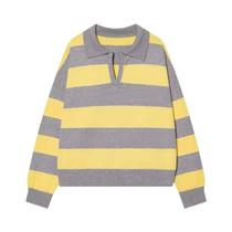 Suéter Feminino Vintage Listrado De Tricô Com Gola Polo E Manga Longa, Pullover Chic Para Outono E
