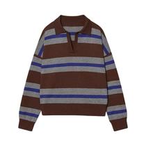 Suéter Feminino Vintage Listrado De Tricô Com Gola Polo E Manga Longa, Pullover Chic Para Outono E Suéter Feminino Vintage Listrado De Tricô Com Gola Polo E Manga Longa, Pullover Chic Para Outono E