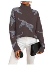 Suéter feminino WDIRARA com estampa de leopardo e tigre, gola alta, marrom Suéter feminino WDIRARA com estampa de leopardo e tigre, gola alta, marrom