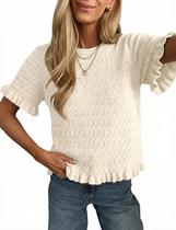 Suéter feminino Wequle, casual, manga curta, tricotado, peplum, babado