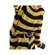 Suéter Feminino Y2K Gótico Com Furos E Listras, Manga Longa, Estilo Punk