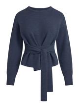 Suéter feminino Yeokou com gravata frontal, macia, solta, manga comprida, azul marinho Suéter feminino Yeokou com gravata frontal, macia, solta, manga comprida, azul marinho