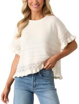 Suéter feminino Yeokou, manga curta, bainha com babados, crochê, branco