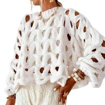 Suéter feminino Yimoon Hollow Out, pulôver branco, tamanho L