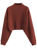 Suéter feminino ZAFUL de gola alta recortada, manga lanterna, vermelho Suéter feminino ZAFUL de gola alta recortada, manga lanterna, vermelho