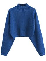 Suéter Feminino ZAFUL - Gola Alta Recortada, Manga Lanterna, Azul