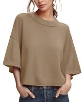 Suéter feminino ZDC, manga 3/4, curta, leve, cáqui