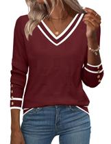 Suéter feminino Zeagoo com decote em V e manga comprida com botão vermelho-branco