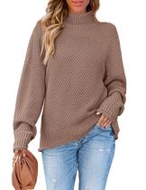 Suéter feminino ZESICA, gola alta, manga em forma de morcego, tricotado, cáqui