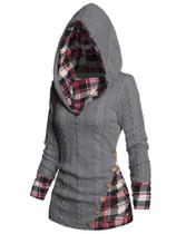 Suéter feminino ZEZCLO, tricotado, tricotado, estampado xadrez, cinza M