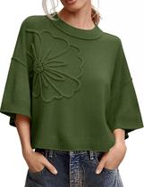 Suéter feminino ZOCPEONY de manga curta 3D Flower Army Green Suéter feminino ZOCPEONY de manga curta 3D Flower Army Green