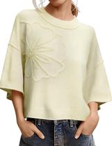 Suéter feminino ZOCPEONY de manga curta 3D Flower Bege tamanho S