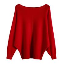 Suéter GABERLY com gola de barco e mangas em forma de asa de morcego Dolman tricotado vermelho