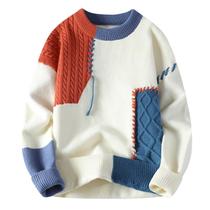 Suéter GURUNVANI Patchwork Colorblock Cable Knit Orange Men Suéter GURUNVANI Patchwork Colorblock Cable Knit Orange Men