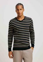 Suéter Hering Masculino Listrado Gola V Em Tricô Preto