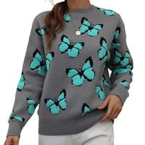 Suéter JUNBOON feminino, gola redonda, manga comprida, estampado