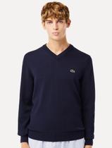 Suéter Lacoste Masculino Regular Fit Gola V Logo Azul Marinho