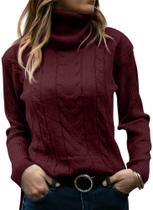 Suéter Langwyqu Turtleneck Cable Knit Wine para mulheres Suéter Langwyqu Turtleneck Cable Knit Wine para mulheres