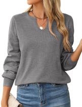 Suéter LOMON Fall com decote em V e manga folhada para mulheres, cinza, tamanho P