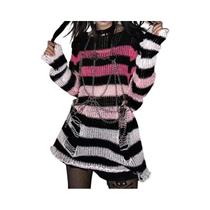 Suéter Longo Unissex Estilo Gótico Punk Com Listras, Com Recortes E Buracos, Jumper Solto, Moda Rock