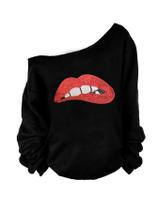 Suéter MAGICMK Lips Print Off Shoulder Loose 2GG Suéter MAGICMK Lips Print Off Shoulder Loose 2GG