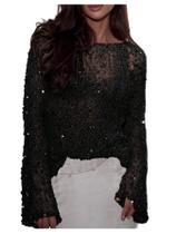 Suéter MakeMechic Glitter, lantejoulas, crochê, blusa transparente, preta Suéter MakeMechic Glitter, lantejoulas, crochê, blusa transparente, preta