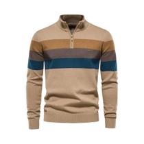 Suéter Masculino De Algodão Com Zíper E Gola Alta Em Patchwork, Quente E Casual Para O Inverno