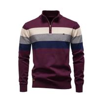 Suéter Masculino De Algodão Com Zíper E Gola Alta Em Patchwork, Quente E Casual Para O Inverno