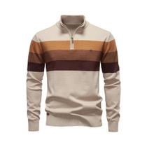 Suéter Masculino De Algodão Com Zíper E Gola Alta Em Patchwork, Quente E Casual Para O Inverno