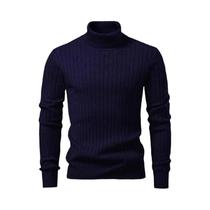 Suéter Masculino De Lã Quente Com Gola Alta E Listras, Malha Casual Para O Frio, Blusa Básica Para