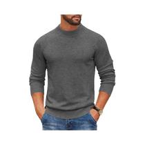 Suéter Masculino De Tricô Canelado Gola Alta Falsa, Corte Slim, Pesado, Quente E Casual