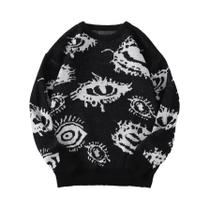 Suéter Masculino De Tricô Com Estampa Abstrata De Olhos, Gola Redonda, Casual, Outono/Inverno