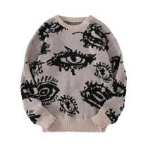 Suéter Masculino De Tricô Com Estampa Jacquard Abstrata De Olhos, Gola Redonda, Casual,