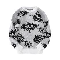Suéter Masculino De Tricô Com Estampa Jacquard Abstrata De Olhos, Gola Redonda, Casual, Suéter Masculino De Tricô Com Estampa Jacquard Abstrata De Olhos, Gola Redonda, Casual,