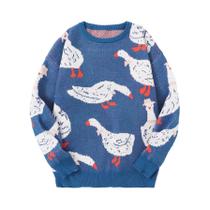 Suéter Masculino De Tricô Com Gola Redonda E Estampa Jacquard De Pato Fofo, Casual, Com Contraste De Suéter Masculino De Tricô Com Gola Redonda E Estampa Jacquard De Pato Fofo, Casual, Com Contraste De