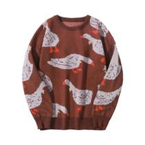 Suéter Masculino De Tricô Com Gola Redonda E Estampa Jacquard De Pato Fofo, Casual, Com Contraste De