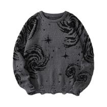 Suéter Masculino Moderno Com Estampa De Céu Estrelado Rasgado, Gola Redonda, Tricô, Estilo Casual