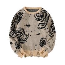 Suéter Masculino Moderno Com Estampa De Céu Estrelado Rasgado, Gola Redonda, Tricô, Estilo Casual