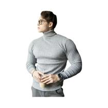 Suéter Masculino Quente De Tricô Gola Alta Manga Longa Listrado Cor Sólida Casual Pulôver Streetwear