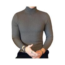 Suéter Masculino Slim Fit De Gola Alta, Quente, Em Cor Sólida, Tricotado, Para Outono E Inverno
