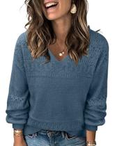 Suéter Messic feminino com decote em V, manga comprida, tricotado azul XXL Suéter Messic feminino com decote em V, manga comprida, tricotado azul XXL