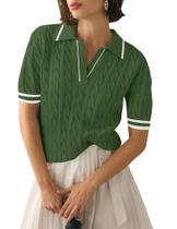 Suéter Micoson de manga curta com decote em V para mulheres, verde militar