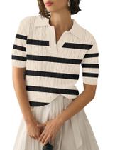 Suéter Micoson, lapela listrada, decote em V, manga curta para mulheres Suéter Micoson, lapela listrada, decote em V, manga curta para mulheres