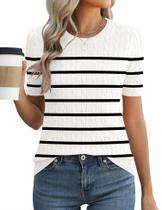 Suéter Micoson listrado de manga curta, gola redonda, feminino, branco M