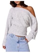 Suéter Milumia Off The Shoulder de manga comprida tricotado cinza para mulher