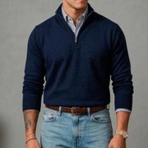 Suéter Old Money Meio Zíper com Gola Alta Masculino Manga Longa Gola polo Inverno Outono Diversas Co