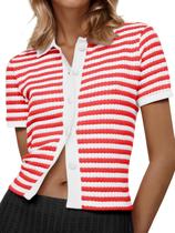Suéter polo listrado Saodimallsu feminino de manga curta Suéter polo listrado Saodimallsu feminino de manga curta